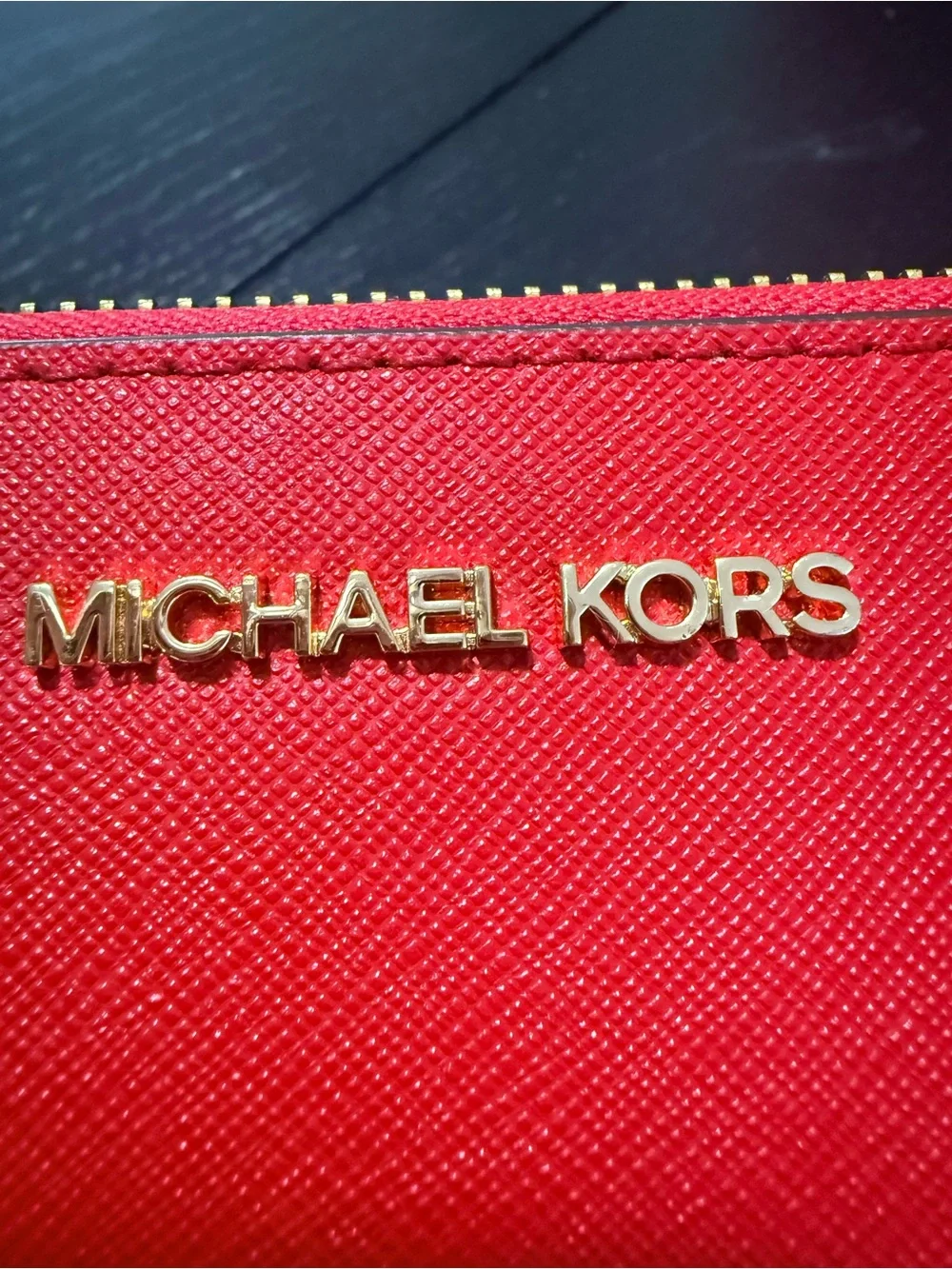 Michael Kors Bright Red Saffiano Zip Wallet with Gold Hardware